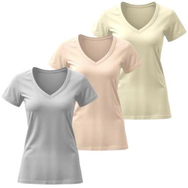 Imagem de Kit 3 Camiseta Feminina Blusas Elegantes Algodão Gola V Manga Curta - 