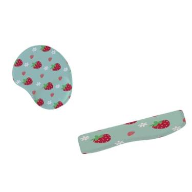 Imagem de Kit Mouse Pad E Apoio Teclado Ergonômico Morango Sobre Fundo Azul