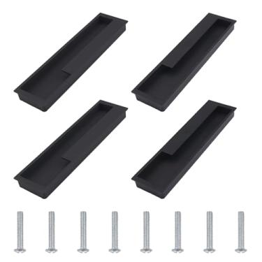 Imagem de MOROBOR Puxadores nivelados de liga de alumínio, 4 maçanetas de porta deslizantes embutidas, puxador de porta simples moderno de 19 cm para armário de gaveta de celeiro deslizante/preto fosco