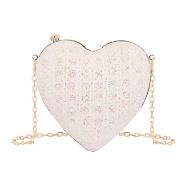 Imagem de Naimo Bolsa feminina de coração com strass para noite bolsa de ombro com corrente mini bolsa clutch casamento coquetel festa bolsa, Branco