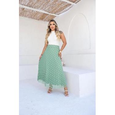 Imagem de Saia Longa Plissada Tule Poá Forro Helanca Light Moda Evangélica - Jes