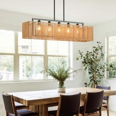 Imagem de InterMaka Lustre De Vime Trançado À Mão De 39,4" Com 5 Luzes Para Sala De Jantar, Luminária Pendente Linear Estilo Boho, Lustre Retangular Para Sala De Jantar, Ilha De Cozinha, Bar, Sala De Estar