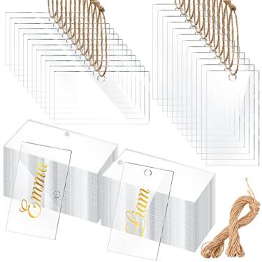 Imagem de 80 peças de etiquetas de cesta de acrílico transparente para pendurar etiquetas de acrílico em branco, etiquetas de despensa de cozinha, etiquetas de cesta de sinal, clipe com barbante natural para cestas, caixas de armazenamento, suprimentos de casamento