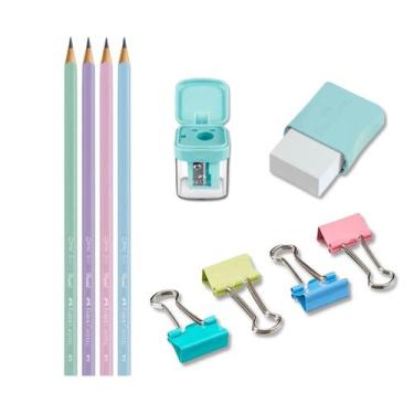 Imagem de Kit escolar com lápis + apontador + borracha + marca texto Faber-Caste