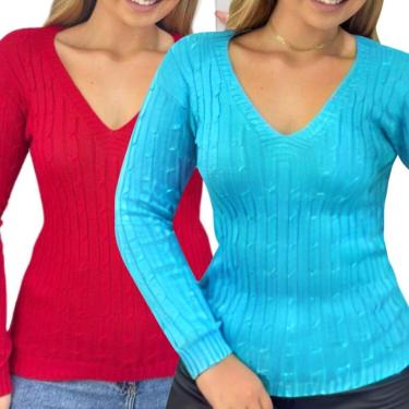 Imagem de Kit 2 Blusas Industrie Femininas Suéter e Turquesa Malha Tricô Manga Longa Tamanho:Único;Cor:-Feminino