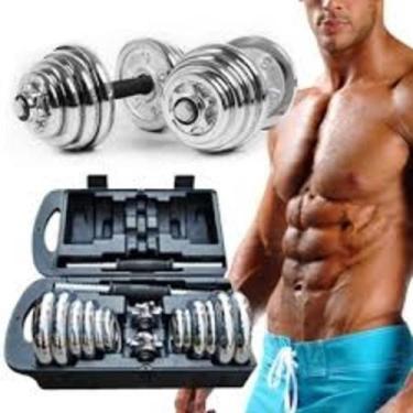 Imagem de Kit com barras halteres e anilhas musculação 19 peças completo 15 kg c