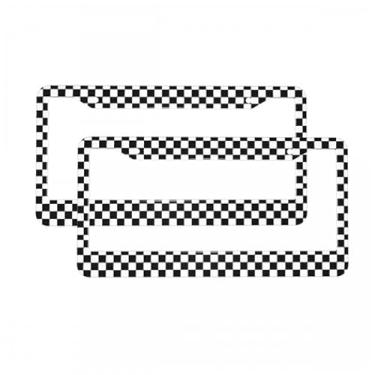 Imagem de Molduras de placa de licença retrô quadriculado 2 peças moldura preta para placa de licença xadrez para mulheres carro alumínio leve decoração de carro