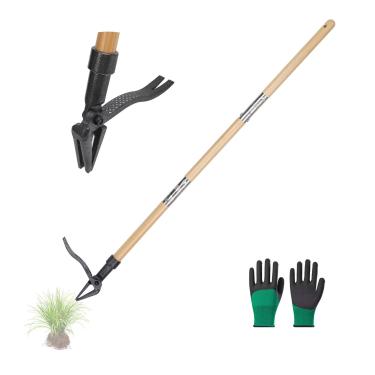 Imagem de Rlipily Ferramenta extrator de ervas daninhas Ferramenta extrator de ervas daninhas com cabo de bambu de 3 seções e cabeça de aço de 4 garras para remoção manual de ervas daninhas para gramado e
