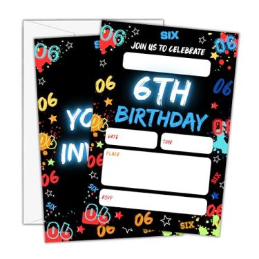 Imagem de Beshoul Convites de aniversário para meninos - Convites de aniversário neon 6º aniversário com envelopes (25 unidades) - Cartões de convite de festa com número digital para decoração de lembrancinhas