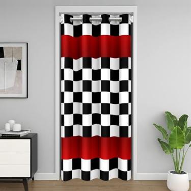 Imagem de Cortina de porta quadrada quadriculada, cortina blackout de carro de corrida, cortina geométrica preta branca e vermelha para decoração de sombreamento de privacidade de divisória, 132 cm L x 203 cm C