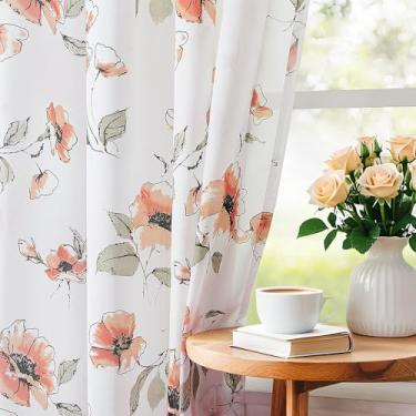 Imagem de Cortinas florais laranja transparente 2 painéis para sala de estar no outono, cortinas boho elegantes com estampa de flores de 213 cm de comprimento para janelas de quarto e sala de jantar, sem rugas