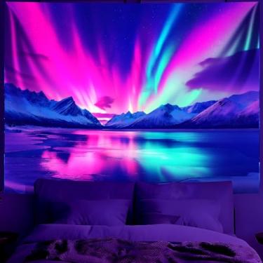 Imagem de BVBOX Tapeçaria de Luz Negra Fantasia Aurora Tapeçarias UV Reactive Creek Arte de Parede Pendurada Paisagem Neon Pôster de Festa Brilhante no Escuro para Quarto, Sala de Estar (Aurora Boreal 3, 200.7