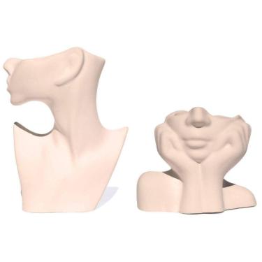 Imagem de Vaso Decorativo 2 Peças Perfil E Mão No Rosto Em Cimento Artesanal Palha