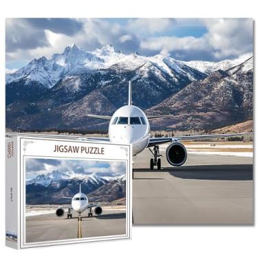 Imagem de Quebra-cabeça de avião branco na pista 1000 peças para adultos, montanhas de neve, backround, jogos de atividades em família, quebra-cabeça faça você mesmo para decoração de parede de casa - 50 x 68