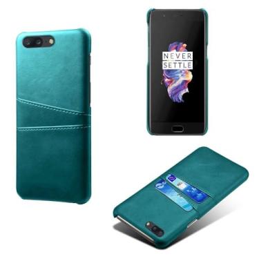 Imagem de Capas Compatível com Oneplus 5,Caso de couro PU-Tampa de telefone a prova de choque com 2 slots de cartão,Proteção anti-impressão digital e anti-gota-Green