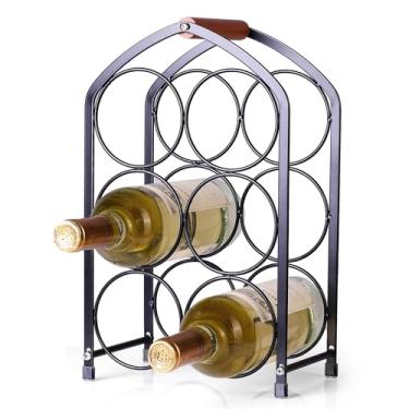 Imagem de Drincarier Rack de vinho de bancada - 6 garrafas independente moderna de metal preto pequeno rack de vinho - suporte de vinho de mesa de 3 níveis para armário, despensa, armazenamento de garrafa de