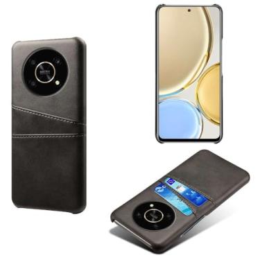 Imagem de Capas Compatível com Honor Magic 4 Lite,Caso de couro PU-Tampa de telefone a prova de choque com 2 slots de cartão,Proteção anti-impressão digital e anti-gota-Black