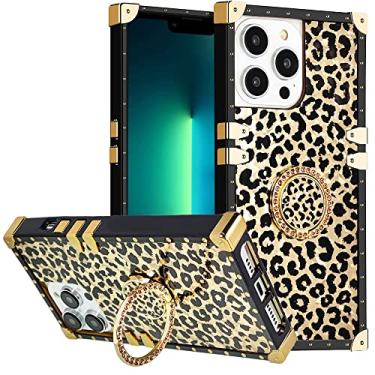 Imagem de Capa para iPhone 13 Pro Max com suporte de anel, mala refletiva dourada DMaos design fashion para mulheres, suporte de diamante brilhante, premium para iPhone13 Pro Max 6,7 polegadas - leopardo
