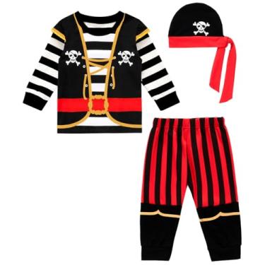 Imagem de Nwnip Roupas infantis para meninos calças listradas pirata roupas de manga comprida com chapéu (vermelho, 3T)