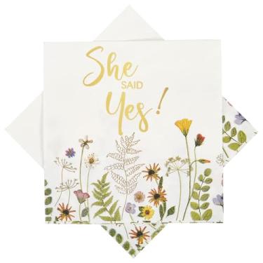 Imagem de Ottin Guardanapos florais para festa de noivado - 12 cm folha dourada She Said Yes Guardanapos descartáveis de papel para coquetel 50 unidades para chá de panela, casamento, despedida de solteira