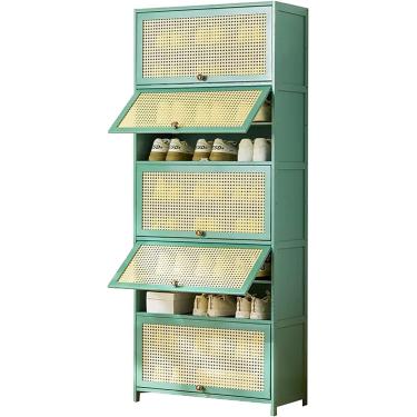 Imagem de Armário De Sapatos De Bambu Verde Com Portas De Rattan, Organizador De Sapatos De 10 Níveis Para Entrada, Corredor, Banheiro & Cozinha - Armário De Armazenamento Moder, Green, 10tiers-23.6"