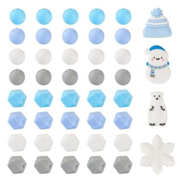 Imagem de Spritewelry 48 peças 12 estilos Natal inverno contas de silicone floco de neve contas de silicone redondo polígono contas espaçadoras azul branco contas soltas para colares pulseiras chaveiro fazendo