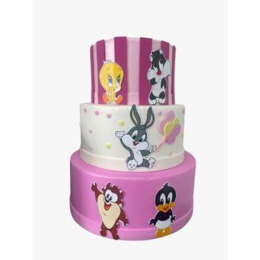 Imagem de Bolo Fake Baby Looney Tunes Rosa 3 andares - Catavento
