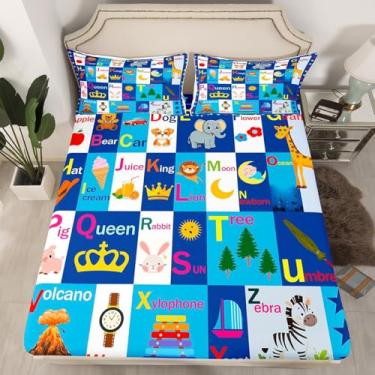 Imagem de Feelyou Jogo de lençol Queen com alfabeto ABC, educacional, para meninos e meninas, decoração de quarto de adolescentes com 2 fronhas (sem lençol de cima)