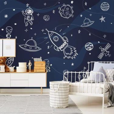 Imagem de Papel de Parede Azul Menino Espaço Foguete Infantil 9m² - Quartinhos