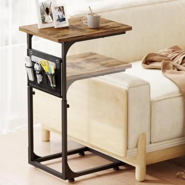 Imagem de Fixwal Mesa de canto em forma de C, mesa lateral de altura ajustável para sofá, bandeja de TV com bolsa de armazenamento deslizante sob o sofá, mesas pequenas para sala de estar, quarto e escritório