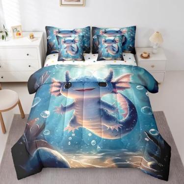 Imagem de Erosebridal Jogo de cama de solteiro com estampa de axolote costeiro, salamandra, oceano azul, 7 peças, decoração de quarto fofo para meninas, adolescentes, ninho 3D, vida selvagem e edredom, azul
