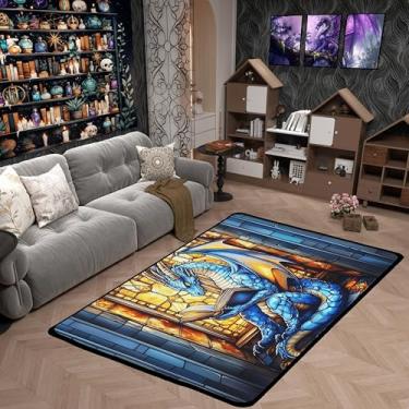 Imagem de Tapete de área infantil dragão ocidental, estante de livros de leitura de dragão azul, tapete de entrada para meninos e meninas, tapete antiderrapante abstrato geométrico patchwork, decoração de sala