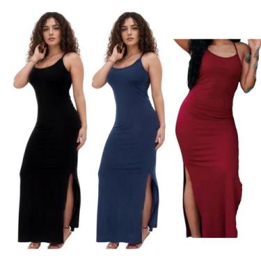 Imagem de KIT C/3 Vestidos Canelado Longo com Fenda - Emporio J, Preto, Marinho,