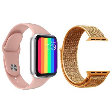 Imagem de Kit 1 Smartwatch Iwo12 Lite Rosa + 1 Pulseira Laranja