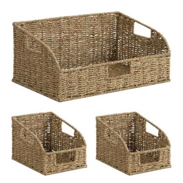 Imagem de StorageWorks Cestas de armazenamento de algas marinhas, cestas de vime com alças embutidas, cestas de prateleira tecidas à mão para organização, organizadores de despensa e armazenamento, pacote com 3