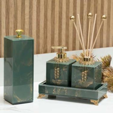 Imagem de KIT LAVABO COMPLETO EFEITO MÁRMORE COM PORTA ESCOVA DE DENTE BANDEJA 20X10 (VERDE COM DOURADO)