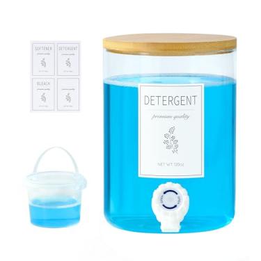 Imagem de 1 dispensador de detergente para roupas de vidro de bambu de 3,5 ml, detergente líquido, sabão em pó e dispensador de amaciante de roupas para organização e armazenamento de lavanderia com 1 xícara e
