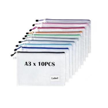 Imagem de 10 bolsas tamanho A3 com zíper e bolso para etiquetas, bolsa de plástico com zíper para organização de sala de aula, bolsa para organização de viagens, armazenamento de jogos de tabuleiro