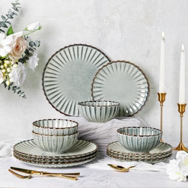 Imagem de GBHOME Conjuntos de louça de grés para 4, pratos e tigelas de cerâmica esmaltados reativos feitos à mão em relevo, seguros para lava-louças e micro-ondas, serviço para 4 (12 peças)