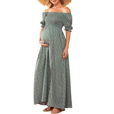 Imagem de Vestido de maternidade floral para chá de bebê, gola quadrada, manga bufante, outono boêmio, vestidos de gravidez franzidos, Verde, G