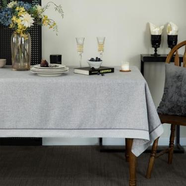 Imagem de GLORY SEASON Houndstooth Toalha de mesa com borda estilo linho, rústico, vintage, lavável, toalha de mesa, toalha de mesa oblonga para banquete, chá de bebê, festa, decoração de cozinha 152 x 250 cm
