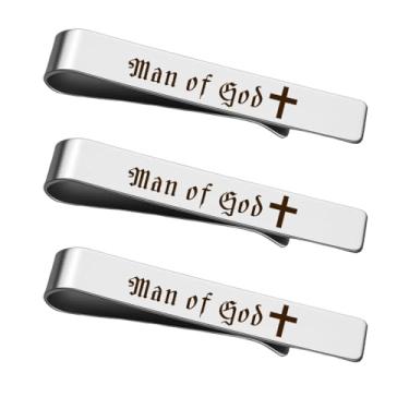 Imagem de Conjunto de 3 clipes de gravata Man Of God – Padrinho afilhado presentes de Natal gravados para homens, filho, marido, pai, presentes de aniversário da esposa, Prata, P