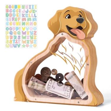 Imagem de Cofrinho de madeira para crianças, Golden Retriever inquebrável para crianças com adesivo de carta, caixa de dinheiro de madeira personalizável, brinquedo educativo para meninos, meninas