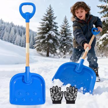 Imagem de Pá de neve infantil removível de madeira para crianças com alça de plástico D-Grip e pá infantil de inverno azul