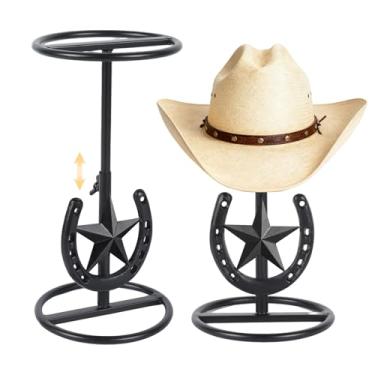 Imagem de Stuffygreenus 2 peças de chapéu de cowboy de altura ajustável suporte de chapéu de cowboy ocidental suporte de metal estrela ocidental decoração ferradura preto presentes para homens chapéus de palha