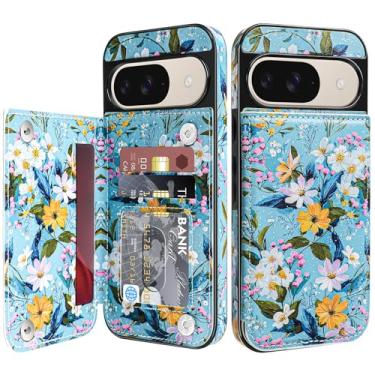 Imagem de Bizzib Capa carteira de couro para Google Pixel 9/Pixel 9 Pro com suporte para cartão, capa flip com fecho magnético à prova de choque, capa protetora resistente, azul celeste