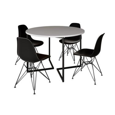 Imagem de Mesa Industrial Jantar Redonda Branca 110Cm Base V Com 4 Cadeiras Eames Pretas Ferro Preto Branco