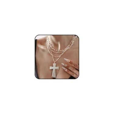 Imagem de Navirix Colares femininos com pingente de cruz grossa de ouro multicamadas, punk, grande, crucifixo, gargantilhas, ajustável, corrente de cruz grande, acessórios de joias, Large, Metal, Sem Pedra
