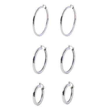 Imagem de 3 pares de brincos de argola banhados a ouro e prata de aço inoxidável para mulheres, Medium, Aço inoxidável Ferro, Sem pedra preciosa