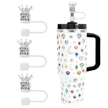 Imagem de Conjunto de 3 peças de enfeite de palha de strass para acessórios Stanley Cup, coroa brilhante e capas de silicone de diamante para copos de 850 g 1,134 g, tampas de palha reutilizáveis à prova de